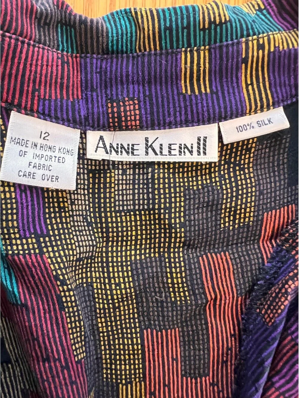 Vintage Anne Klein II Multicolor Geometric Silk Button-Up Blouse Size 12